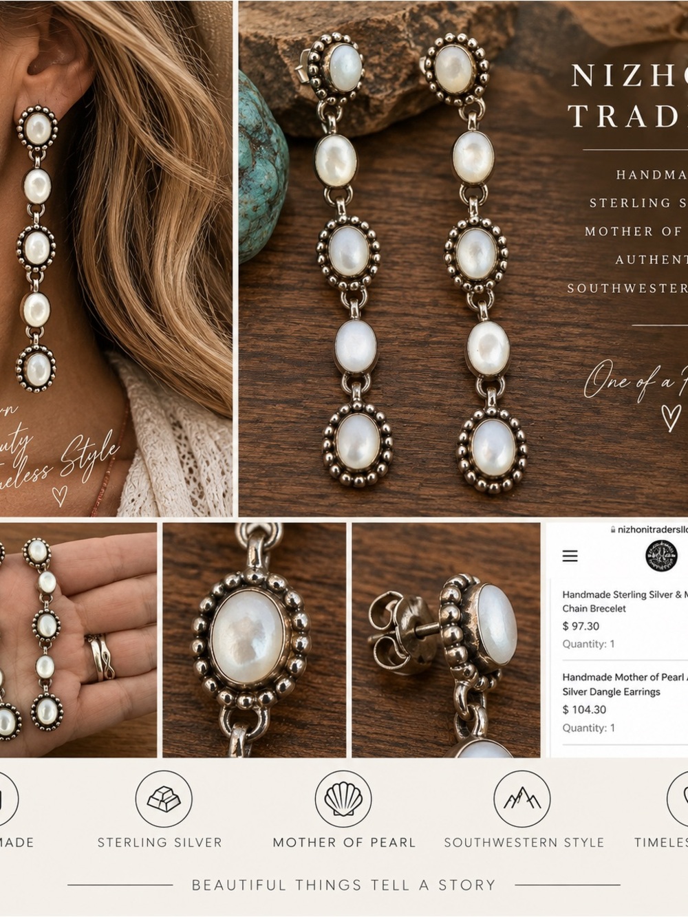 Nizhoni Traders Sterling Silver Mother of Pearl Dangle Earrings